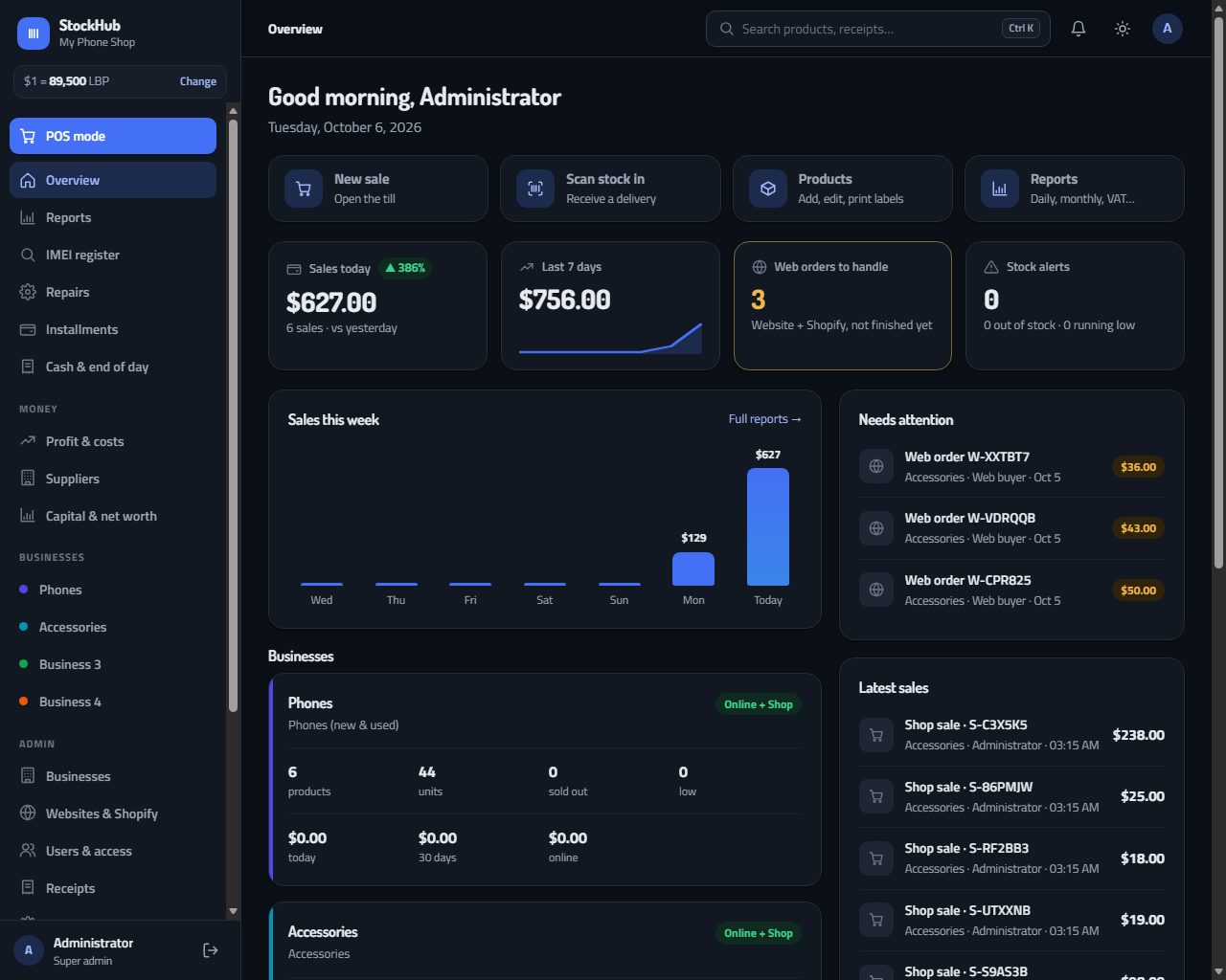 StockHub dashboard: today's sales, last 7 days, web orders to handle and stock alerts